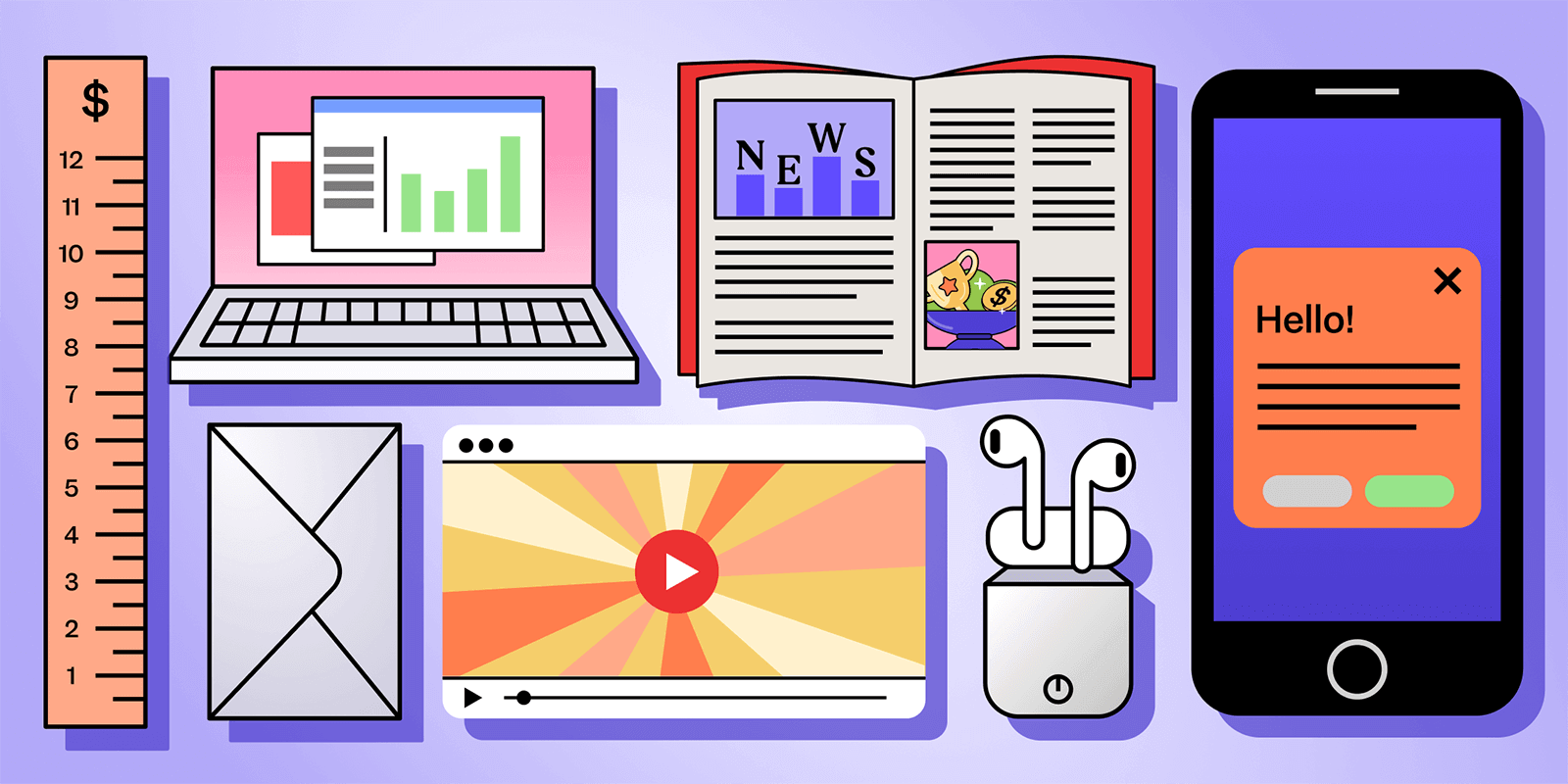 Advertising Value Equivalent in PR and AVE alternatives -a flat lay with a ruler, an envelope, a laptop showing reports, an open book, air pods and a mobile phone