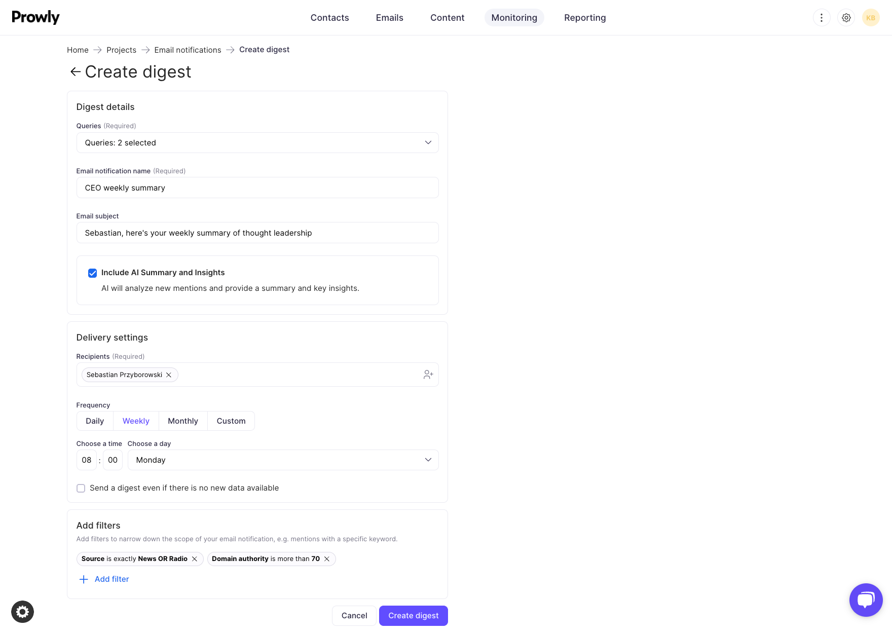 monitoring digest builder, news or radio
