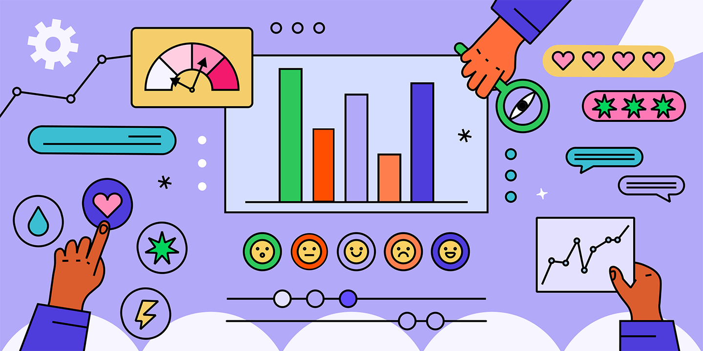 an illustration on the light purple background; a flat lay of hands holding magnifying glasses, pointing on the charts and a heart, and a chart in the middle showing smiling and sad faces that symbolise sentiment analysis