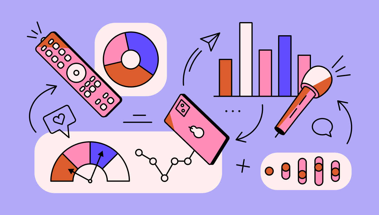 Icons symbolizing media coverage: remote, mobile, microphone, charts and chat bubbles.