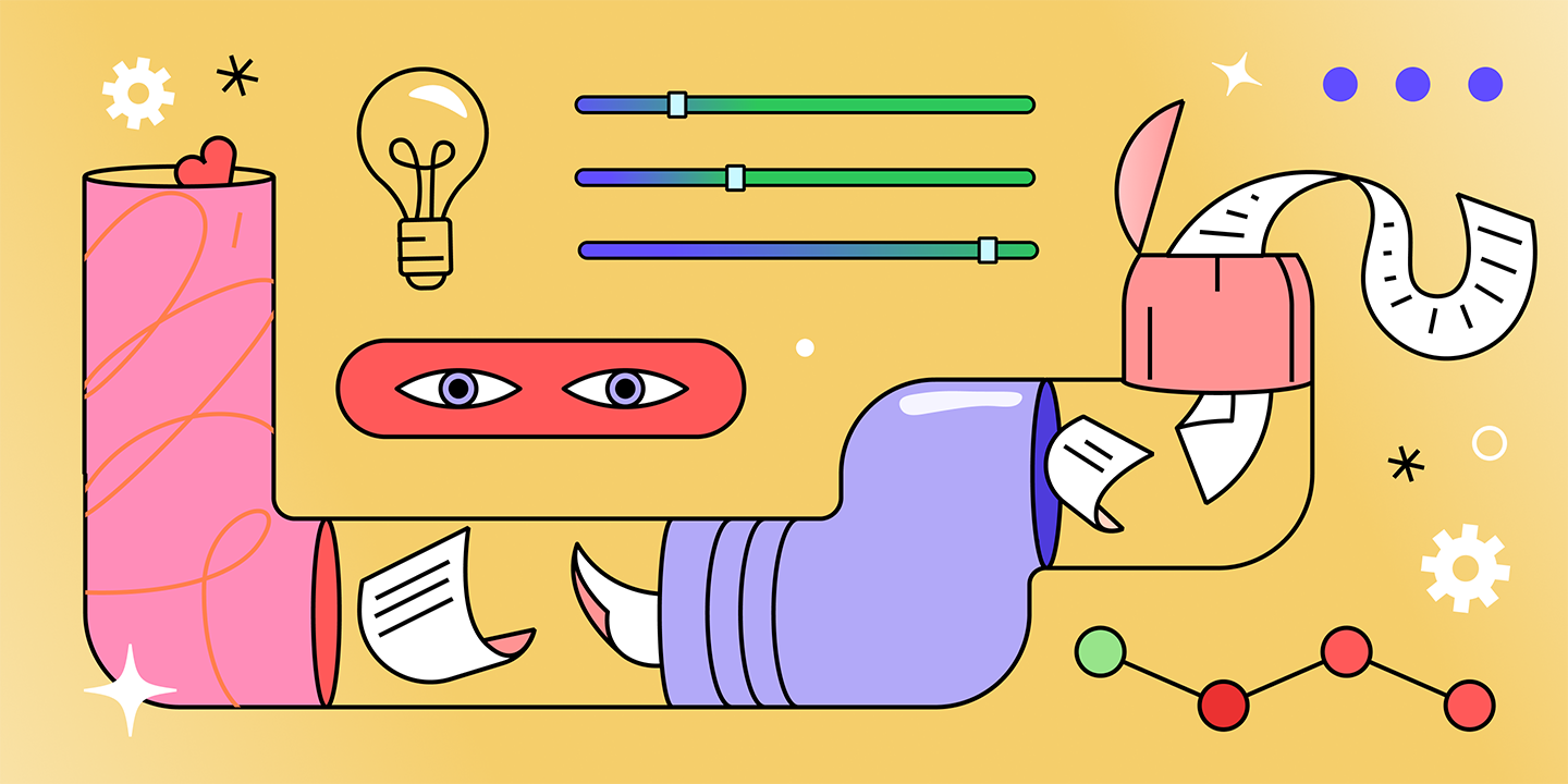 a flat lay illustration of a pipe in which a long list is sent and a pair of eyes watching it