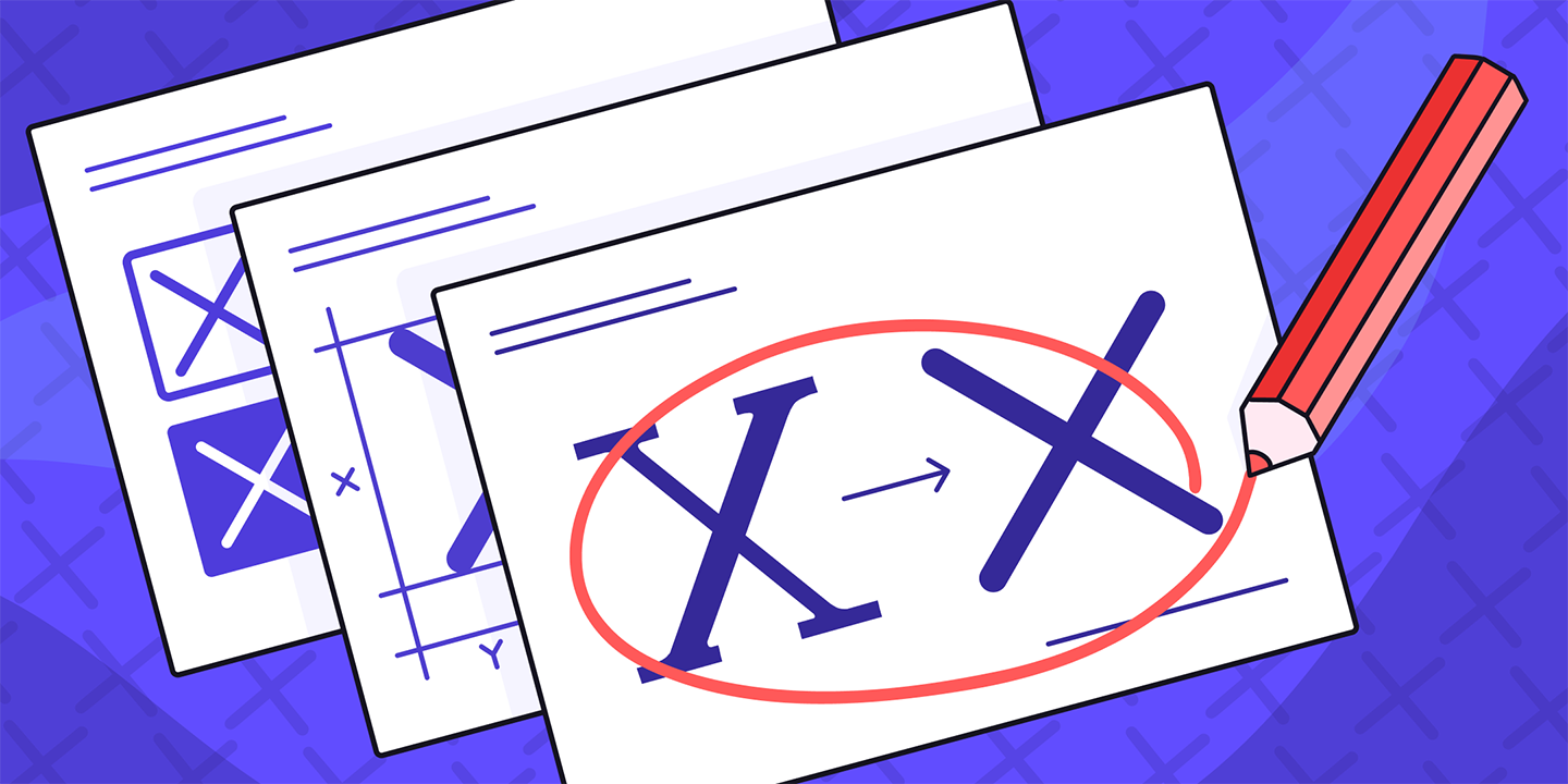 three pieces of paper showing different "X" drawings and two Xes in a red circle of the top one symboling a rebranding