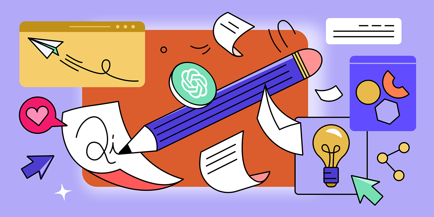 a flat lay 2D illustration on a purple - orange background: a huge pencil drawing on the piece of paper with the ChatGPTlogo, envelopes, light bulb, charts, and paper plane flying all over the place in chaos