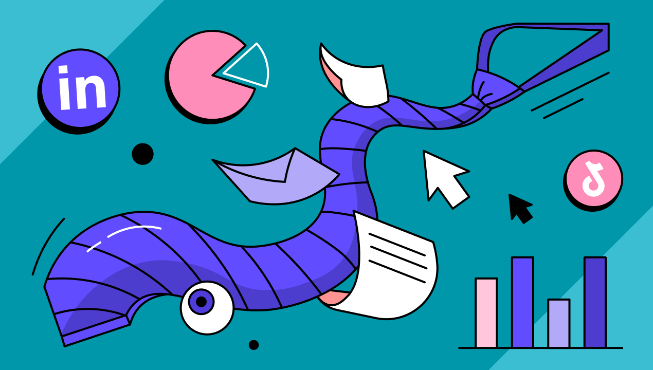 Illustration of a tie and social media icons, eye, and stats showing media monitoring for PR
