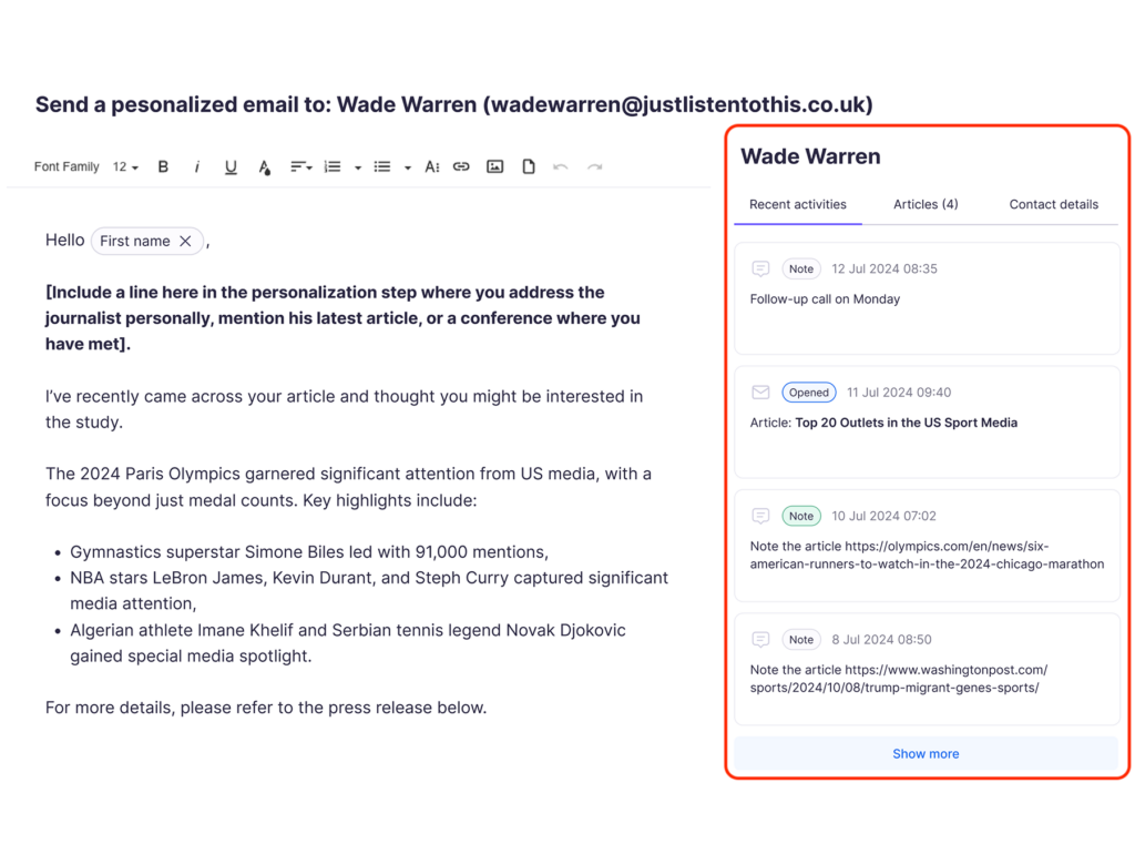 the notes tab in email personalization