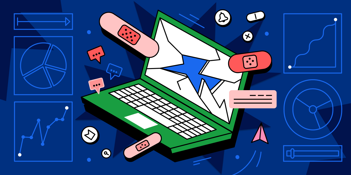 A 2D illustration of a computer with a broken screen and plasters