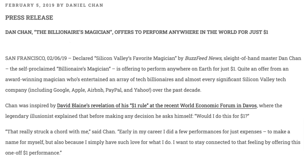 Event press release example - Dan Chan