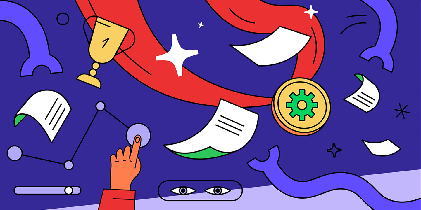 an illustration of flying paper pieces, a robot arm, a human hand pushing a button and a pair of eyes on the dark blue cosmic-like background